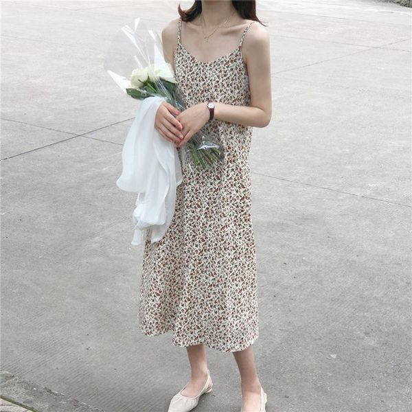 

summer women chiffon spaghetti strap dress 2020 floral loose dress beach party korean vestidos, Black;gray