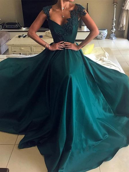 

Elegant Green Sleeveless Prom Dresses 2019 V Neck Lace Beads 2019 Long Evening Gowns Elegant Long Evening Dress Formal Dress