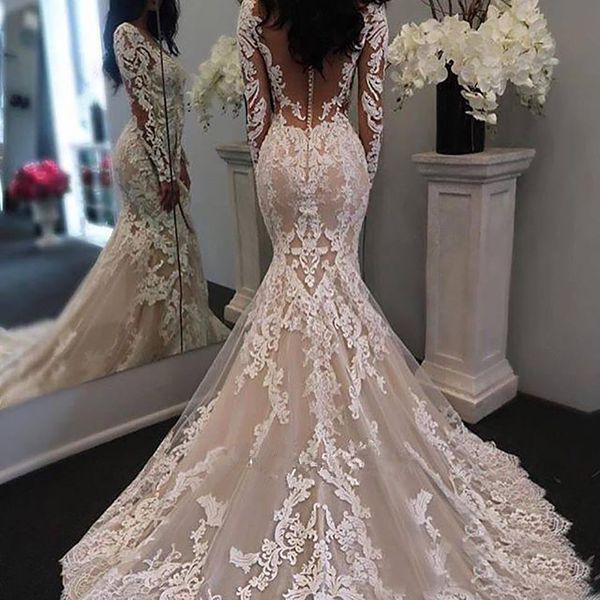 

gorgeous long sleeves lace appliques mermaid wedding dresses bridal gowns v-neck sheer button back trumpet vestidos de novia, White