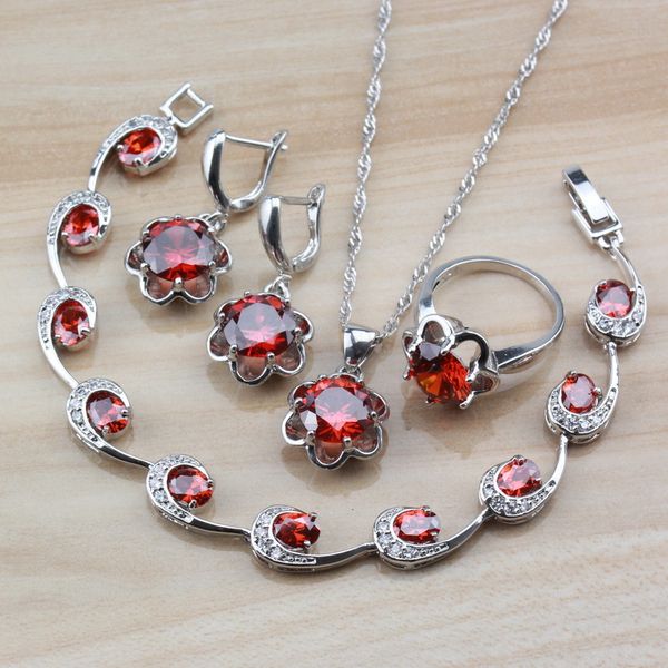 

affordable flower red garnet 925 silver bridal jewelry sets for women fashion wedding costume and independent gift box, Slivery;golden