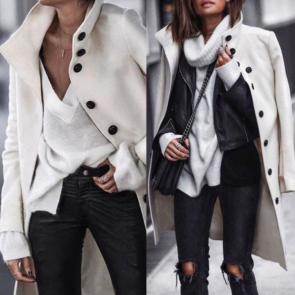 

women lady autumn winter casual button wool long casual solid coat, Black