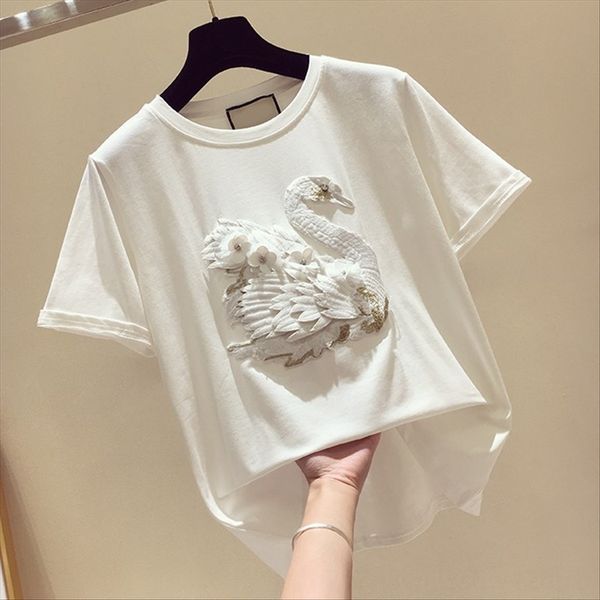 

2019 white heavy industry t- female round collar heavy industry short sleeve t-shirt personalized base shirt top