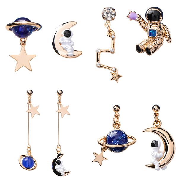 

2019 astronaut crystal blue universe star moon earrings asymmetric universe planet big dipper drop earrings for women girl gift, Silver