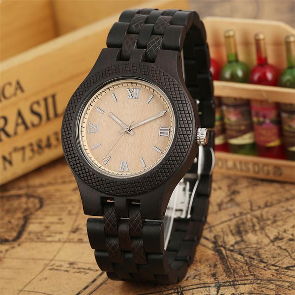 

luxury ebony wood watch men carving stripes roman numerals display round wooden bangle quartz timepiece casual male clock reloj, Slivery;brown