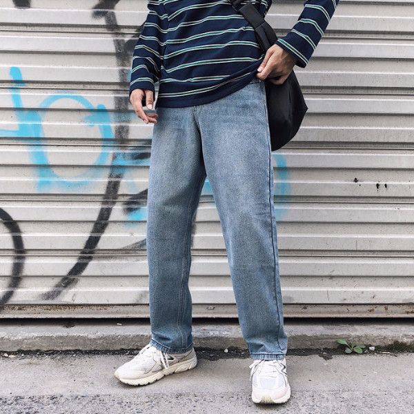 

spring and autumn winter men's loose straight jeans cotton hip hop work brand pants business casual solid color men's trousers, Blue