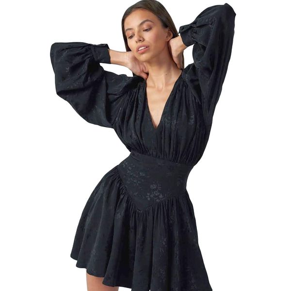

long sleeve dress women ruffles v-neck slim mini elegant dress lantern sleeve black ladies dresses autumn vestido, White;black