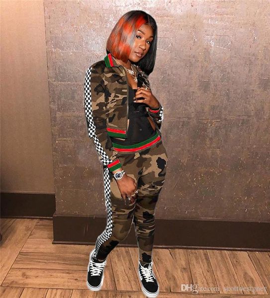 

camouflage womens two piece sets panelled plaid lapel neck cardigan two piece pants women casual suit, White