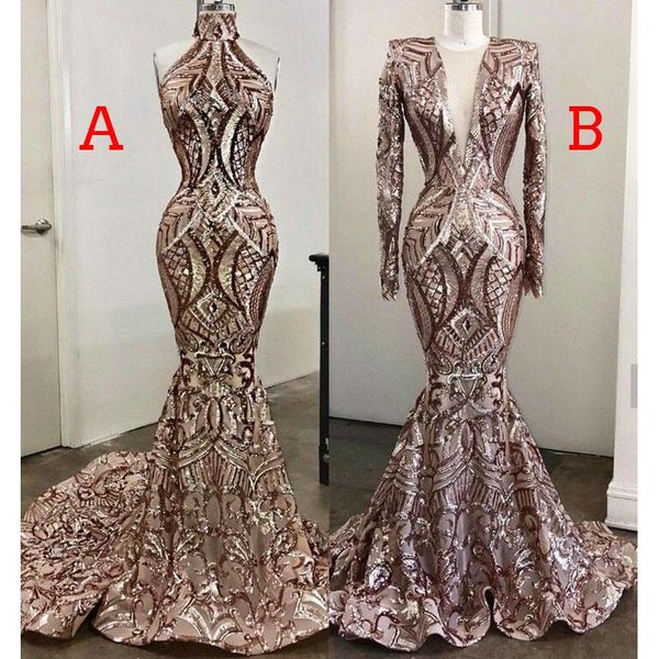 

Black Girls Mermaid Prom Dresses 2019 New Design Two Styles Lace Sweep Train Plus Size Sequined Evening Gowns Vestido De Festa