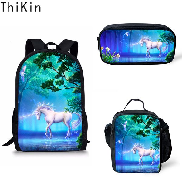 

thikin kawaii unicorn 3pcs set school bag for baby girls kids backpack zipper schoolbag lunch box book pencil bags customized