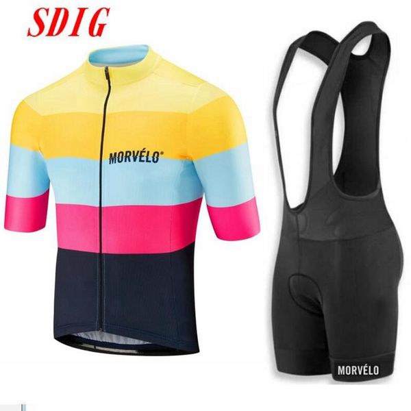 

morvelo cycling костюмы 2020 летняя команда гонки короткий рукав джерси и нагрудник шорты набор coolmax велосипедов рубашку и 19d pad дно, Black;blue
