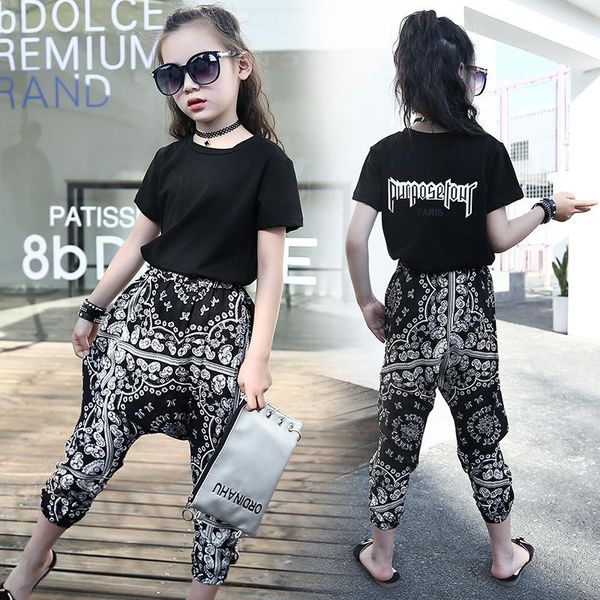 

девушки летом печати шаровары новый хлопок личности случайные короткими рукавами футболки + обрезанные брюки костюм детская одежда, White