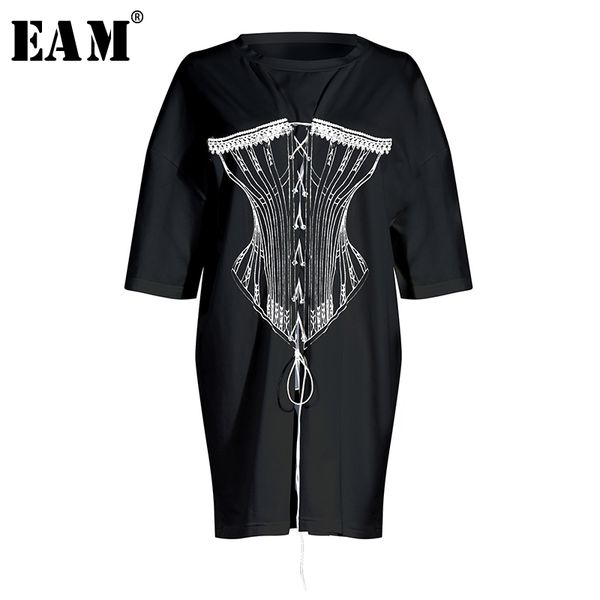 

eam] женщины черный бандаж printed большой размер футболки new round neck три четверти рукава мода tide весна лето 2020 1w017, White