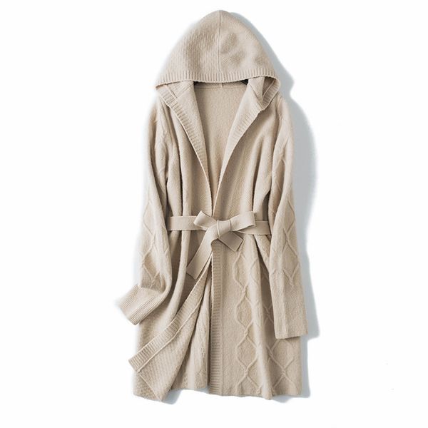

wool yark hair blends knit women mid-long hooded overcoat adjustable sashes wide waisted apricot color s/m//xl, Black
