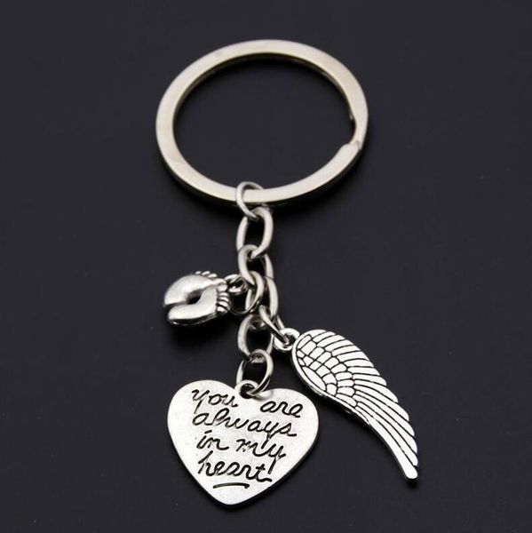 

ancient silver i will hold you in my heart letter tag wings baby feet charm keychains creative designer chain keyrings mother newborn gift, Slivery;golden