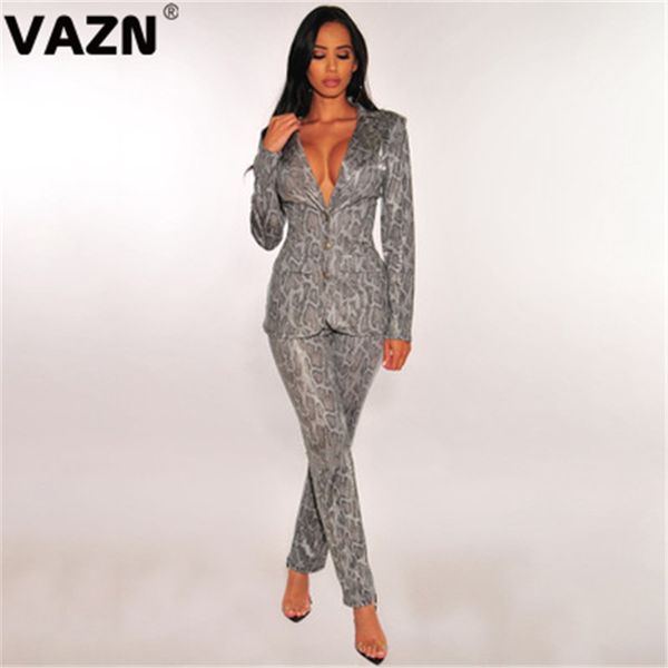 

vazn klo10550 list classic serpentine print elegant formal suits vintage full sleeve open stitch slim office women suits, White
