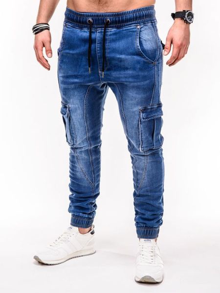 

men's jeans men solid color casual sports beam foot trousers fashion mid waist drawstring elastic denim pants, Blue