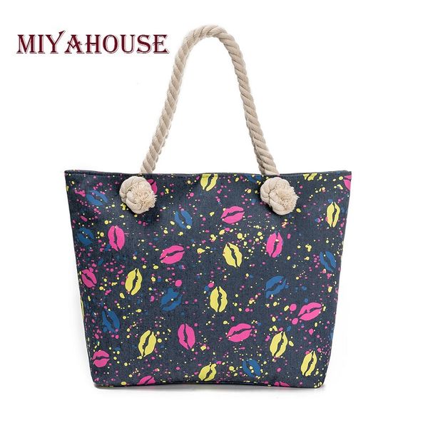 

miyahouse casual denim design beach bag women lips printed tote handbag bag female large capacity handbags ladies shopping