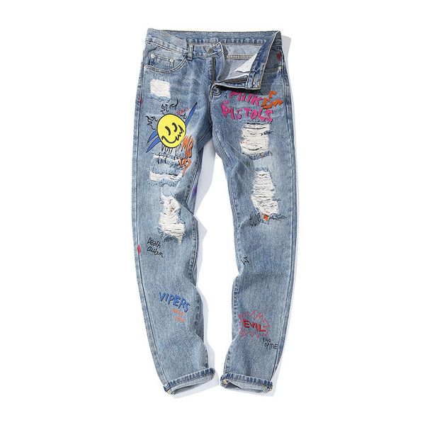 

hip hop jeans men washed ripped graffiti streetwear jeans blue casual straight men/women denim pants 2019 autumn new
