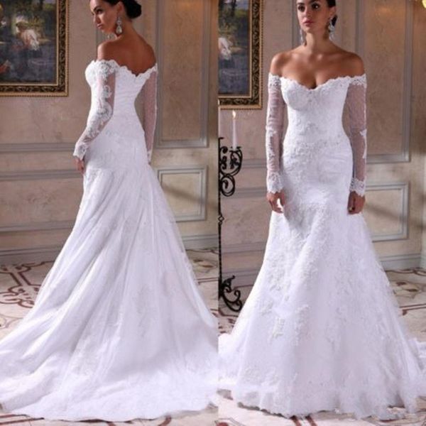 

off shoulder african mermaid wedding dresses plus size long sleeves lace bridal gowns robe de mariée backless wedding dress custom made 3814, White