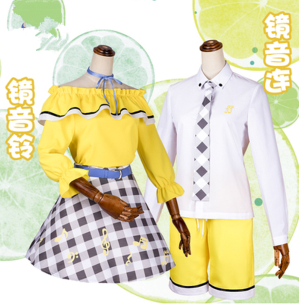 

vocaloid kagamine rin/len twins daily dress men women cute yellow suit cosplay costume + skirt/shorts + belie accessory, Black