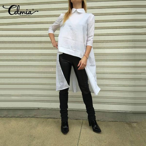 

women's blouses & shirts women celmia 2021 summer vintage back hollow casual solid tunic laple pleated long asymmetrical blusas, White