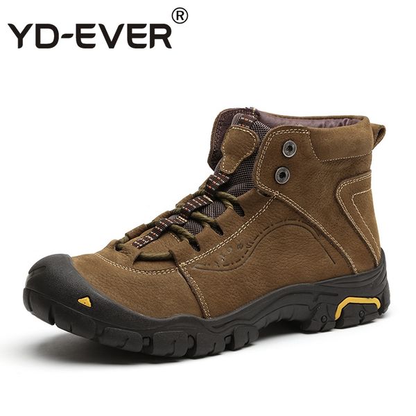 

yd-ever 100% genuine leather men snow boots warm waterproof winter shoes wool fur boots outdoor hiking sneakers plus size 1683, Black