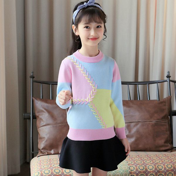 

rlyaeiz soft cotton girls sweater autumn winter color patchwork sweaters for girls long sleeve kids knitted pullover knitwear, Blue