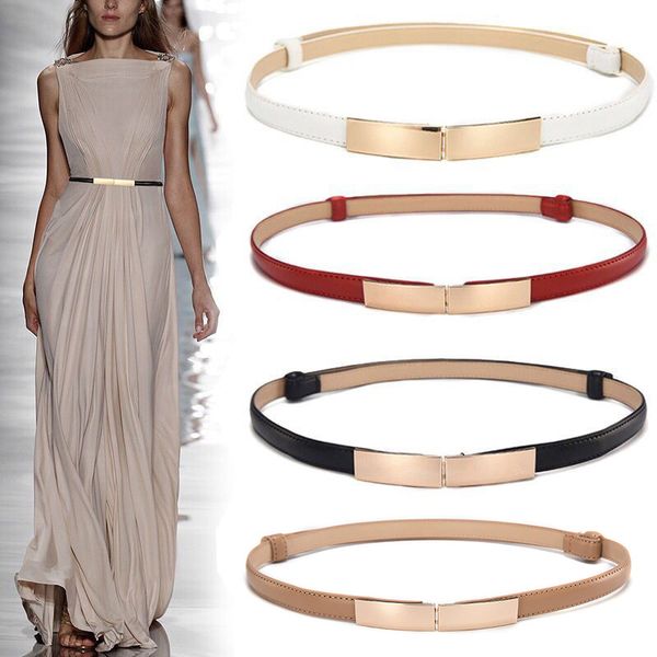 

new women lady leather belt thin skinny metal gold elastic buckle waistband belt dress clothing accessories wholesale new, Black;brown