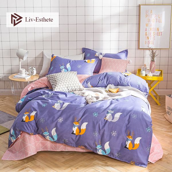 

liv-esthete cartoon bedding set double  king duvet cover pillowcase pink flat sheet bed linen for bedspread