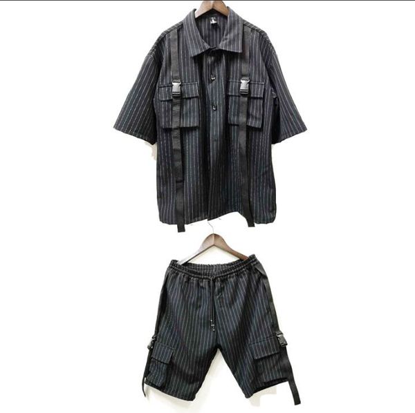 

2019 striped work shirt pocket short sleeve shirt set personality retro work striped big yards men's clothing, White;black