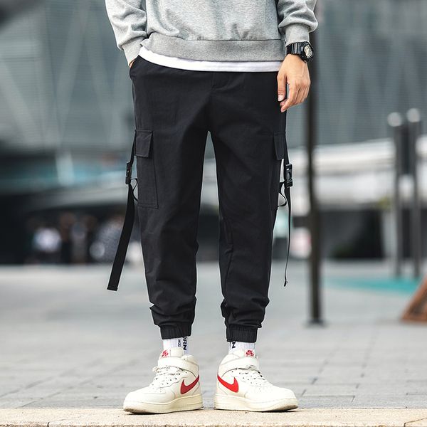 

cotton men's stretch jogger pants with ribbons pockets men's loose sweatpants fitness vinatge trousers 2019 autumn winter, Black