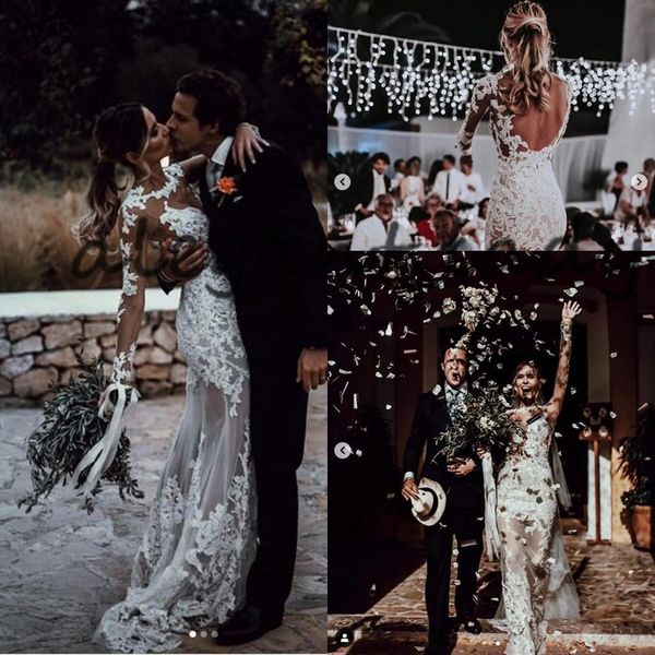 

lace applique sheer wedding dresses with illusion long sleeve o-neck backless mermaid country bohemian garden beach berta wedding gown, White