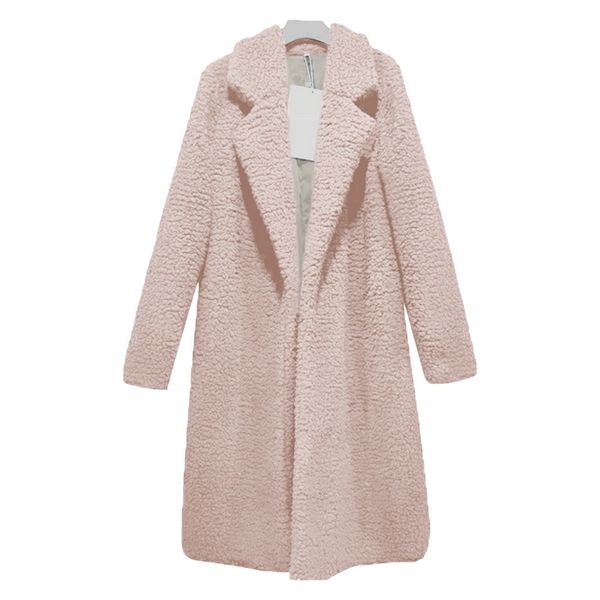 

laamei 2019 autumn winter women fashion lapel v-neck coat ladies solid color plush long jacket casual streetwear female jacket, Black