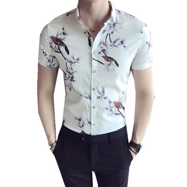 

new style summer fashion men's printed flower short-sleeved shirts male lapel slim fit youth fashion casual shirts, White;black
