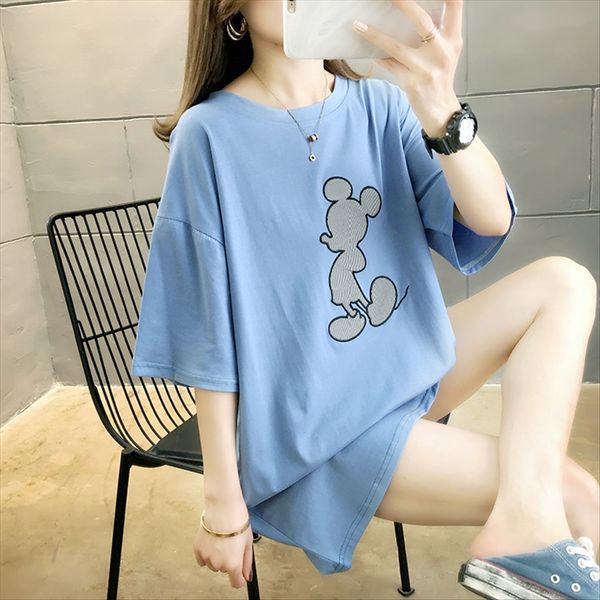 

2020 летней одежды потерять большой размер одежды женщин midi мультфильма печатных круглый воротник короткий рукав футболку, White