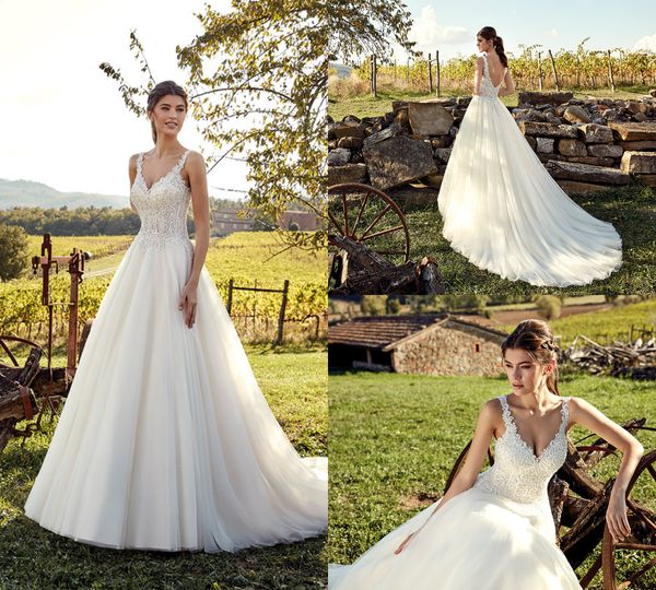 

2019 eddy k a line wedding dresses v neck lace appliqued sweep train vestidos de novia country wedding dress plus size bridal gowns, White