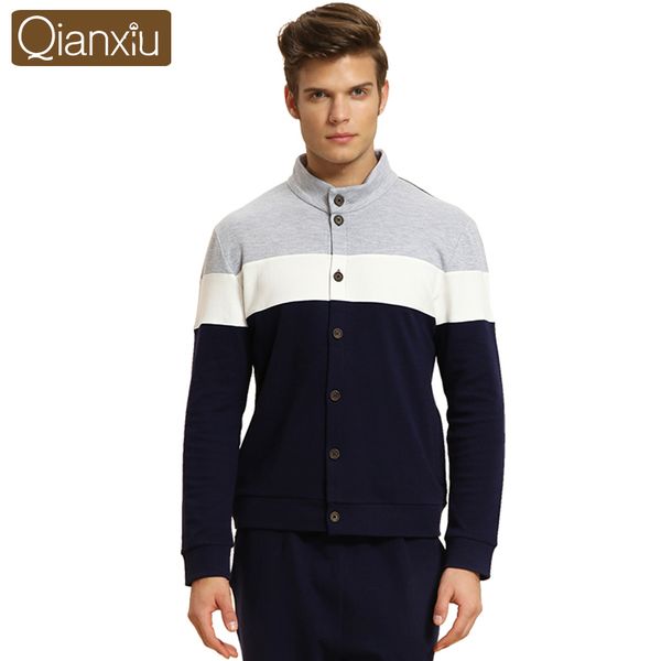 

qianxiu sleepweaer for men knitted cotton nightwear long sleeve sleepwear thicken pajama sets, Black;brown