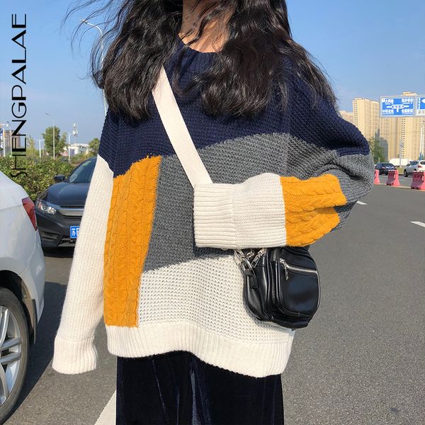 

shengpalae 2019 new fashion autumn contract color round collar pullovers women loose casual vintage japanese tide sweater ft829