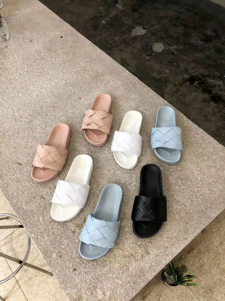 

2020062204 40 white black pink blue woven slides sandals casual beach genuine leather lamb skin