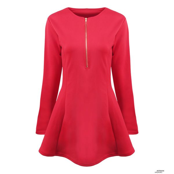 

womens designer zipper waist long sleeve big swing skirt slim solid color dressjeukh, Black;gray