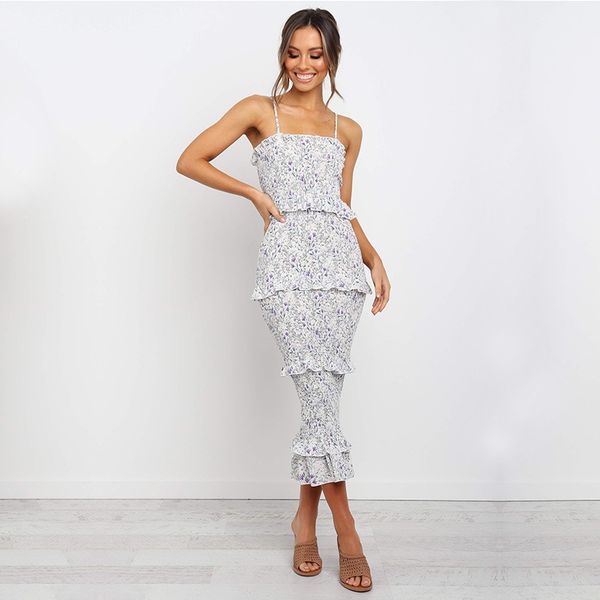 

women floral print shirred dress layer ruffle midi dresses women party holiday slim sundress clothing 2020, Black;gray