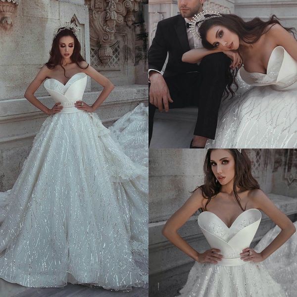 

arabic sequins luxury wedding dresses 2019 lace 3d floral appliqued a line beach wedding dress bridal gowns plus size vestidos de novia, White