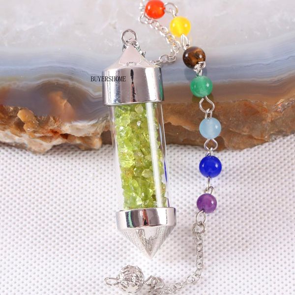 

гадание амулет 7 чакра желая бутылка маятник рейки природный камень чип зеленый перидот ожерелье для женщин мужчин k605, Bronze;silver