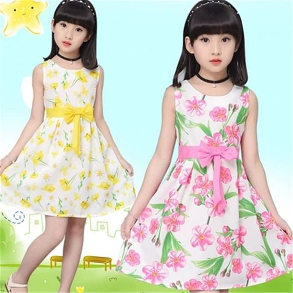 

2019 new summer fashion teenage girl cotton sleeveless beach dresses children girls pleated floral flower bow princess dress l47, Red;yellow