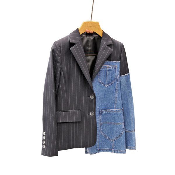 

ewq] 2019 autumn new pattern office lady style full sleeve striped denim patchwork wude waisted lapel collar suit coat af837, White;black