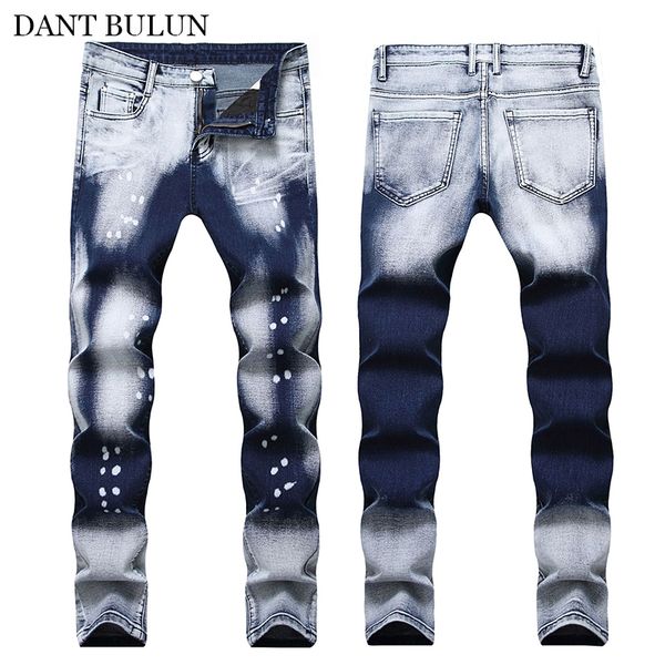 

men's jeans dantbulun men elastic straight stretch pants dot printed trousers streetwear mens denim casual blue