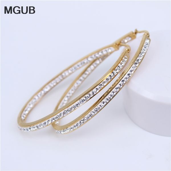 

mgub 3mm 60mm high large inside and outside crystal female earring stainless steel classic popular oval accessories gift lh460, Golden