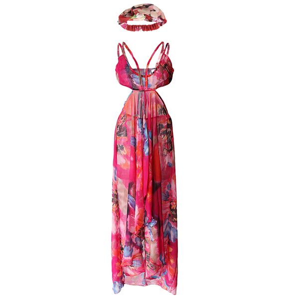 

2 pieces ladies boho chiffon long maxi dress & floral head wrap set,6 sizes, White;black