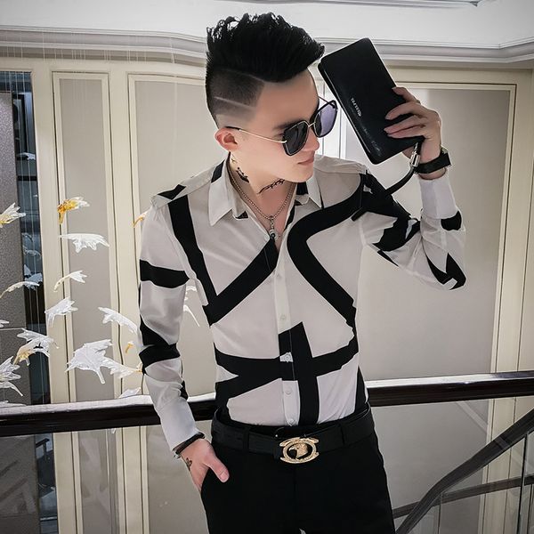 

fashion 2019 casual shirt men korean clothes men slim fit long sleeve tuxedo shirt male streetwear printing chemise homme 3xl, White;black
