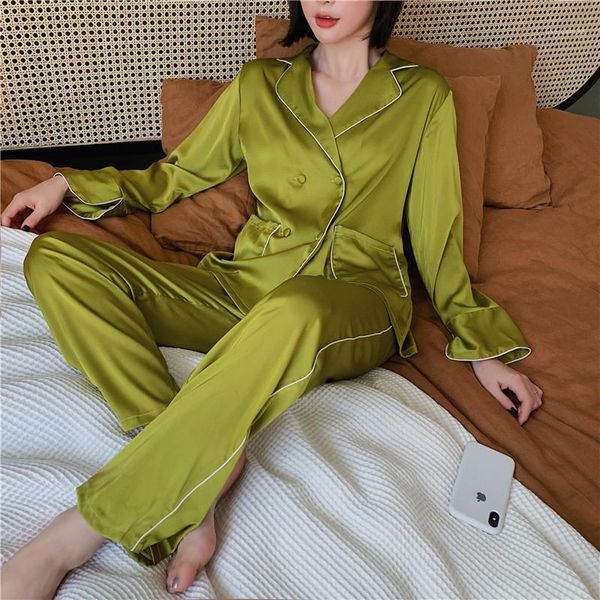 

sleepwear luxury womens pyjamas sets fashion solid color double breasted two piece pants womens comfortable home, Black;red